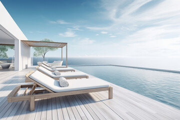 Fototapeta premium Generative AI. A view of caldera and luxury hotel swimming pool in foreground, typical white architecture. summer holidays