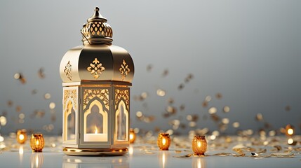 Fototapeta na wymiar Gold Arabic lantern with white background, ied, and Ramadhan event