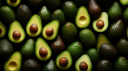 Top view full frame of whole ripe avocados placed together as background. - obrazy, fototapety, plakaty