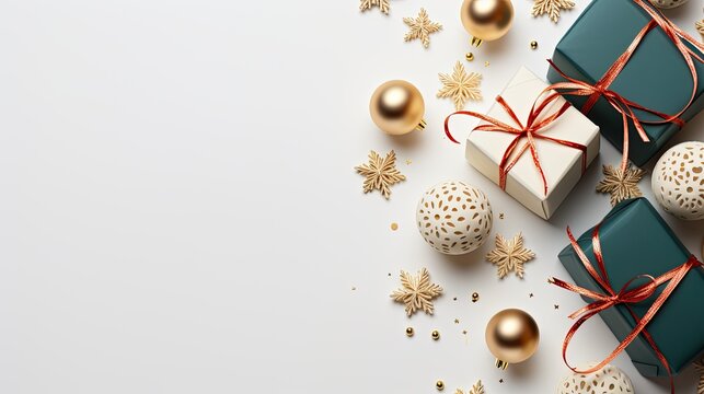 Top view of Christmas white background with Christmas balls decoration and ornament