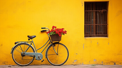 Fototapeta na wymiar Retro bicycle near yellow wall