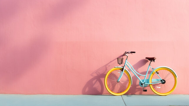 Bicycle near pink wall with copy space.