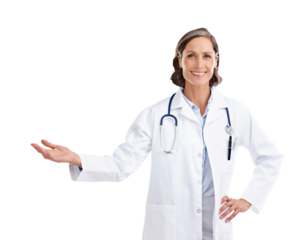 Presentation, doctor and choice with portrait of woman on png for show, medical and news. Medicine, healthcare and advertising with person isolated on transparent background for information and offer