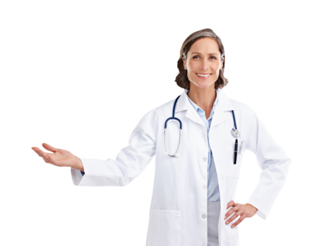 Presentation, doctor and choice with portrait of woman on png for show, medical and news. Medicine, healthcare and advertising with person isolated on transparent background for information and offer