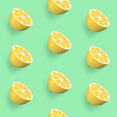 Exquisite lemon seamless Pattern. 3D Render Fruit Illustration on a green Background.