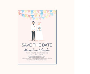 Walima Nikah template, Cute Muslim Couple Illustration Wedding Invitation, Moslem Save the Date template with couple cartoon character in Classic Party Decoration Whimsical Retro Vintage vibe theme