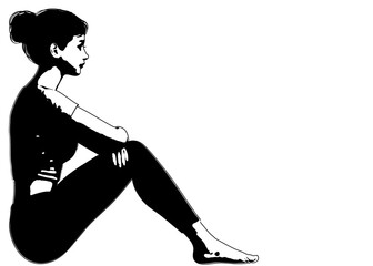 Fototapeta premium 膝を立て座って悩む 考える女性のイラスト 全身横向き 横顔のイラスト