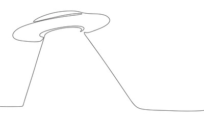 UFO outline. Flying saucer silhouette. One line continuous vector illustration. Line art, outline, vector