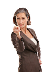 Pointing, senior and portrait of business woman on png for choice, decision or support. Motivation,...