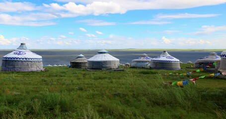 Yurts by Lake Hohnol,Hulunbuir grassland.Hulunbuir Grassland, is a world famous natural pasture, is one of the world's four grasslands, known as the world's best grassland.