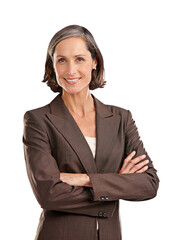 Portrait, business woman and happy with arms crossed in isolated on transparent, png background....