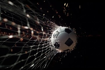 A soccer ball breaking the net in the goal against a dark background - obrazy, fototapety, plakaty