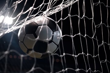 Soccer ball in goal on black background