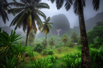 Fototapeta na wymiar Rainy Season, Coconut Trees Against Mountain Backdrop. Generative AI