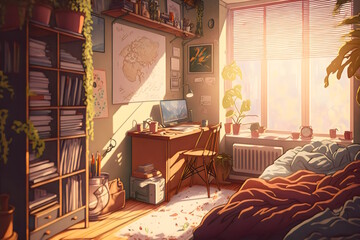 Fototapeta na wymiar Comfy College Dorm Haven: Earthy Tones, Books Galore, Cozy Quilts, and Homely Vibes. A Golden Hour Escape. Generative AI