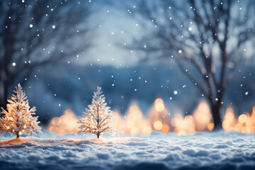 Fototapeta na wymiar Close-Up of Christmas Trees in Snowy Field with Bokeh