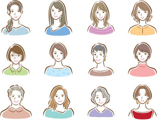 様々な女性の顔のイラスト.