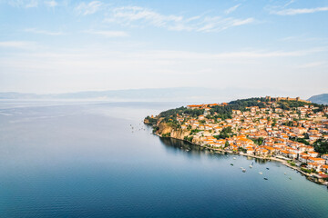 View of Samuel's Fortress and Plaosnik at Ohrid lake in North Macedonia - obrazy, fototapety, plakaty