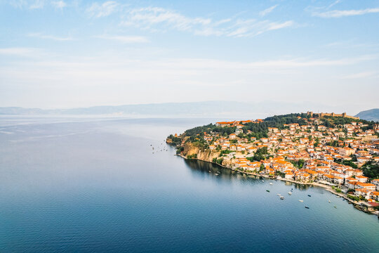 View of Samuel's Fortress and Plaosnik at Ohrid lake in North Macedonia