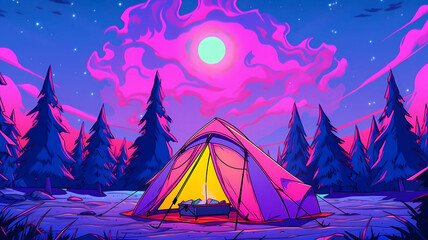 Hand-painted illustration of van Gogh camping tent under the beautiful starry sky
