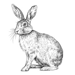 Rabbit isolated on white background. Domestic animal, cute Easter bunny, wild grey hare. Black and white ink hand drawn illustration, engraving style, cross hatching drawing created with generative AI