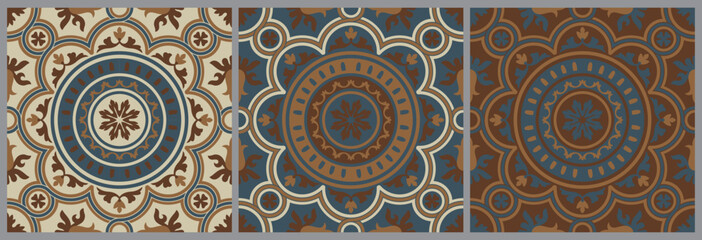 Mediterranean tile abstract geometric floral patterns. Portuguese culture, in neutral colors. Spanish majolica tile pattern. Vector illustration.