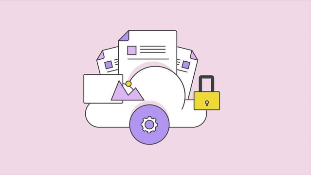 Cloud with business documents and image file with padlock, cloud storage security. Abstract internet technology filled outline concept, video animation purple background.