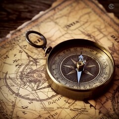 A close-up shot of a compass on a vintage map generative ai