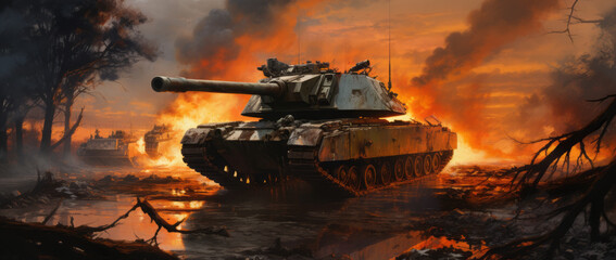 Epic Invasion: Armored Tank Braving a Mine Field Amidst Fiery War Scenes near a Forest, broken tank at the background  - Wide Poster Design with Ample Copy Space, Generative AI