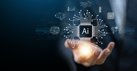 Concept of Artificial intelligence, AI robot, brain, idea, development, think, futuristic technology transformation, science, businessman holding AI brain, machine learning technology development