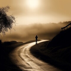 Fototapeta na wymiar A silhouette of a person walking along a winding road generative ai