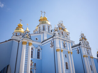 exterior of St. Michael's Golden-Domed Monastery and blue sky in capital kyiv