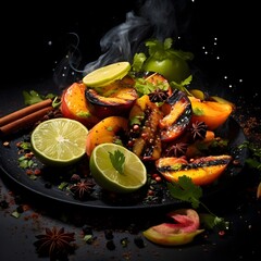 Cinematic photography of Grilled peaches, limes and various spices on a black background. Peaches, limes, spices, grilled. Created with Generative AI Technology. 
