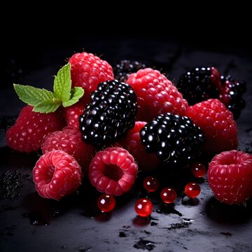 Fresh raspberries and blackberries with spices on a black background. Raspberry, blackberry, berries, spices. Created with Generative AI Technology. 