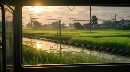 View of rice fields from the window of a train at sunrise
