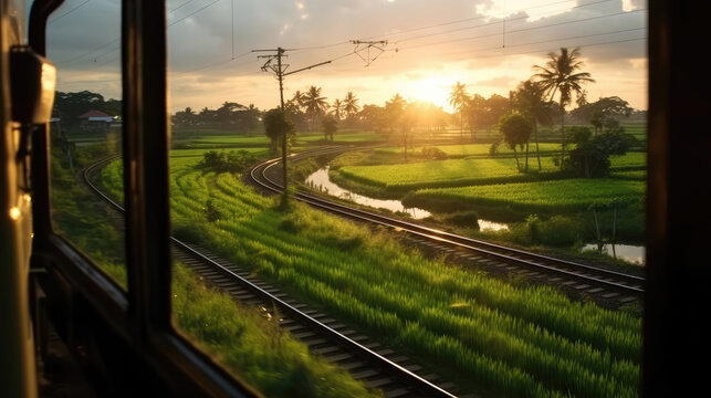 View of rice fields from the window of a train at sunrise
