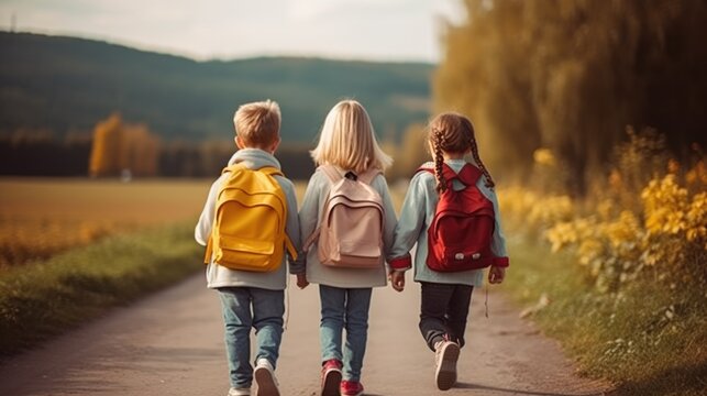 Back To school in autumn. Back view of children with backpacks going to school on a countryside road