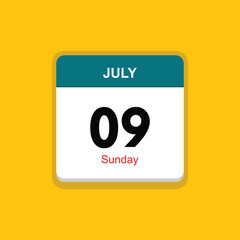 sunday 09 july icon with yellow background, calender icon