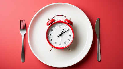 Concept of intermittent fasting, showing an empty plate and a clock. The practice of eating within specific time frames to promote better health and weight management.,generative AI