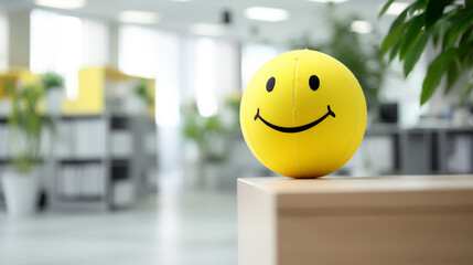 Positivity in the workplace demonstrated by a yellow smiling ball in the office interior, promoting a positive work environment and inspiring corporate culture.,generative AI