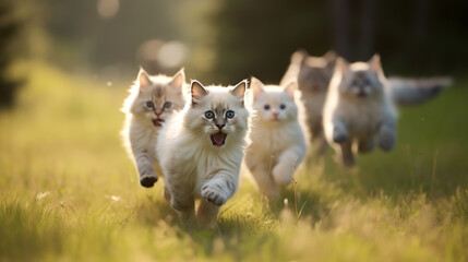 Naklejka na ściany i meble Cute funny cat group running and playing.,generative AI