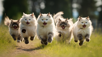 Obraz premium Cute funny cat group running and playing.,generative AI