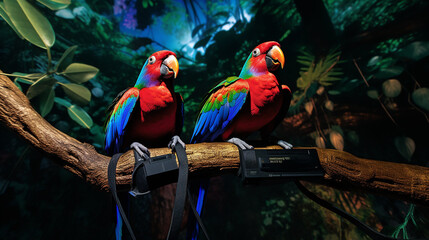 Macaw  on a Branch playing fun, happy ultra detail virtual reality forest.,generative AI