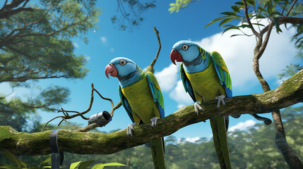 Macaw  on a Branch playing fun, happy ultra detail virtual reality forest.,generative AI