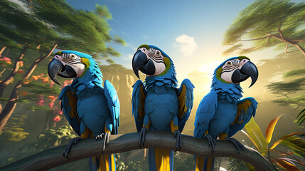 Macaw  on a Branch playing fun, happy ultra detail virtual reality forest.,generative AI