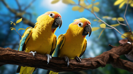 Macaw  on a Branch playing fun, happy ultra detail virtual reality forest.,generative AI