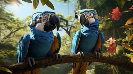 Macaw  on a Branch playing fun, happy ultra detail virtual reality forest.,generative AI