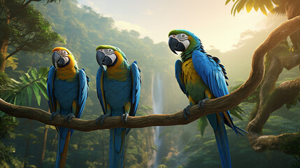 Macaw  on a Branch playing fun, happy ultra detail virtual reality forest.,generative AI