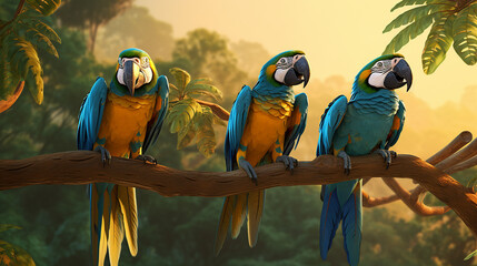 Macaw  on a Branch playing fun, happy ultra detail virtual reality forest.,generative AI