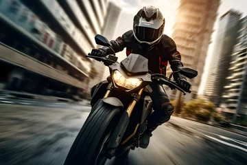 Fotobehang A man wearing a helmet and riding a motorcycle © Ployker